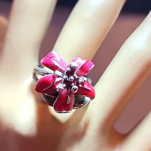 Garnet and Enamel Flower Ring